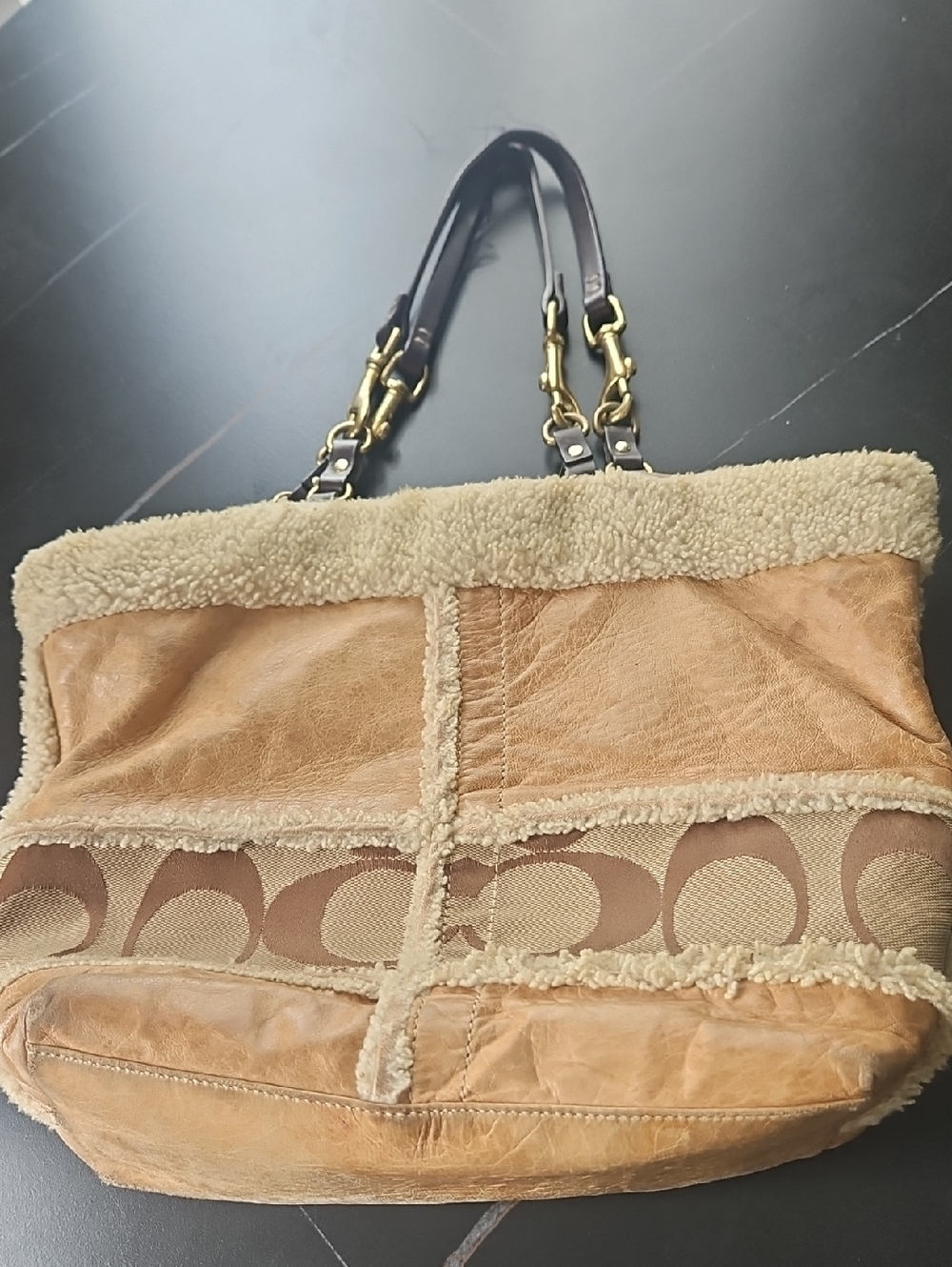 Coach- Leather and Sherpa Tote Bag in Tan